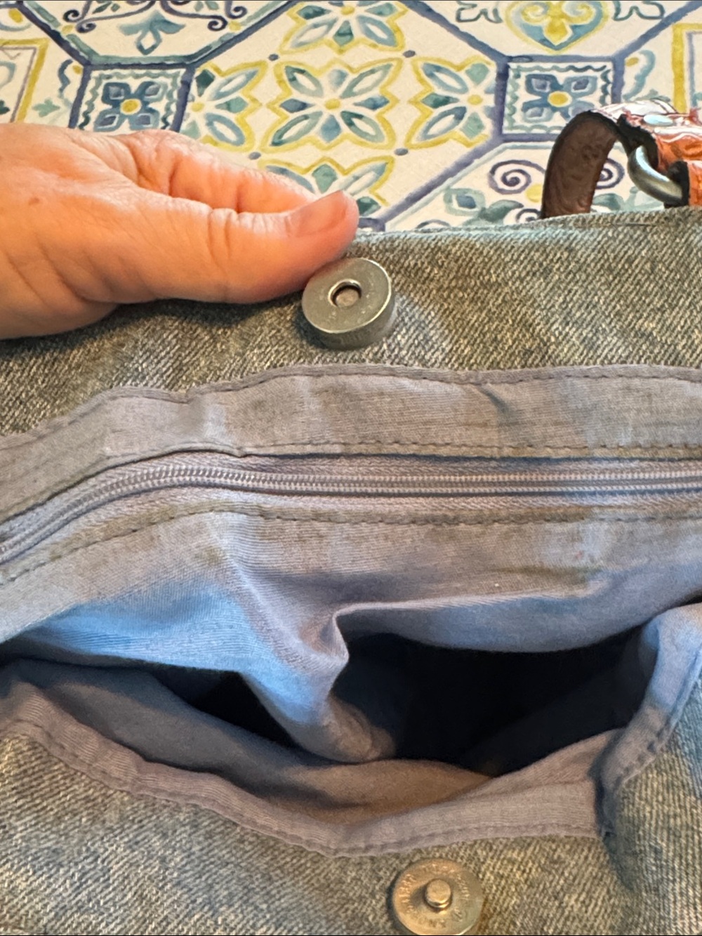 Denim Tote Shoulder Bag with Embossed Brown Trim - Picture 8 of 8